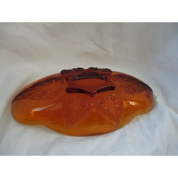 Candy Dish, Vintage Indiana Glass Deep Amber Leaf Candy Relish Dish oblong bowl - Picture 5 of 5